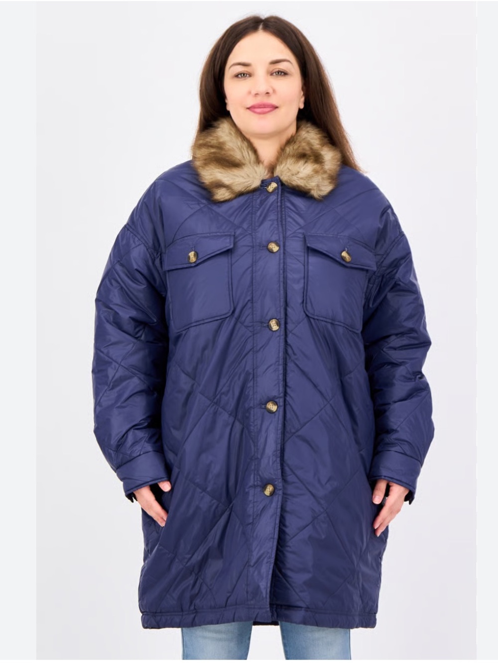 NWOT AERIE Navy Quilted Long Puffer Jacket with Faux Fur Collar Size L - Picture 2 of 15